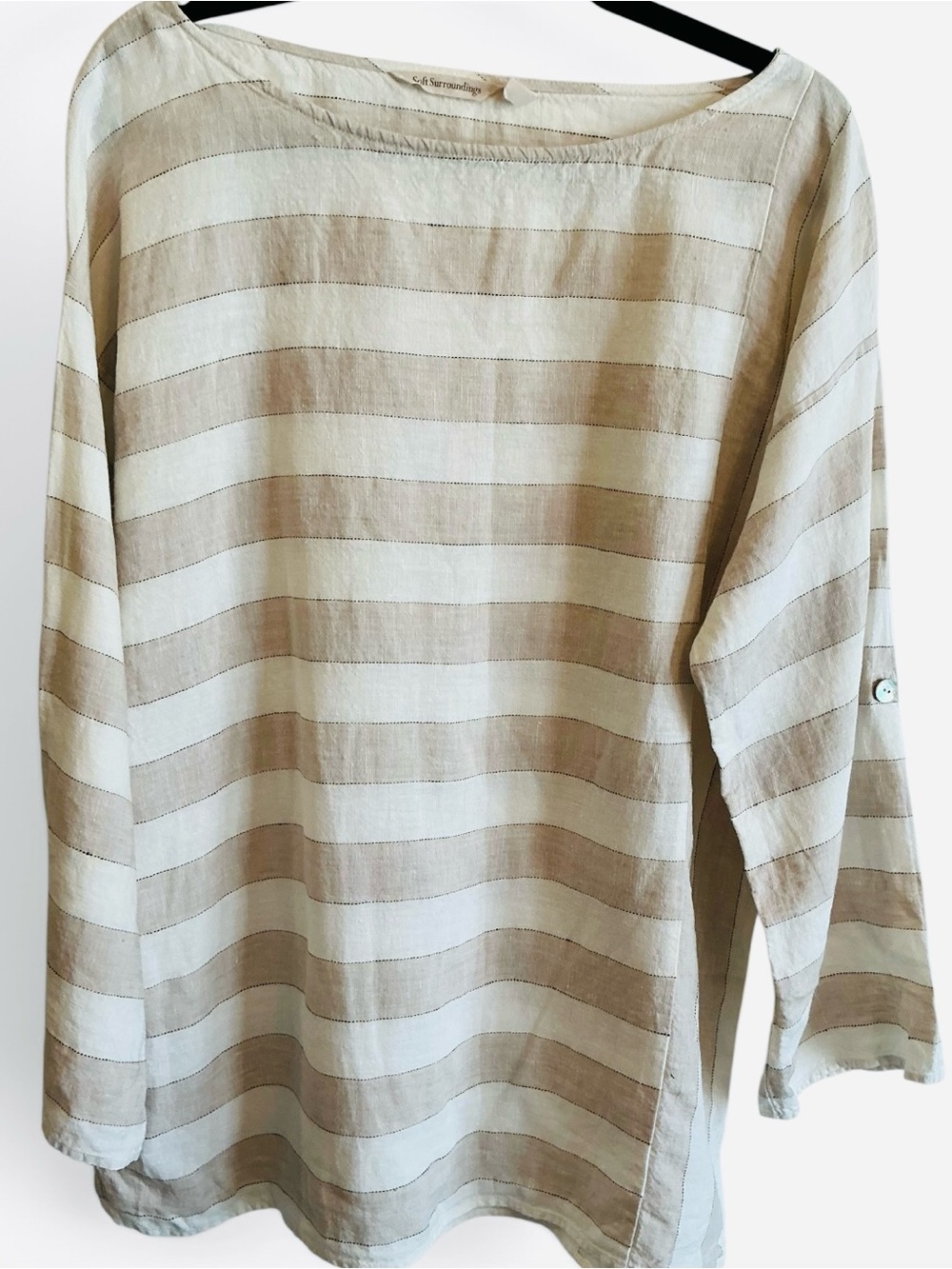Women’s Soft Surroundings Beige and Cream Striped Linen Tunic Top Size Medium